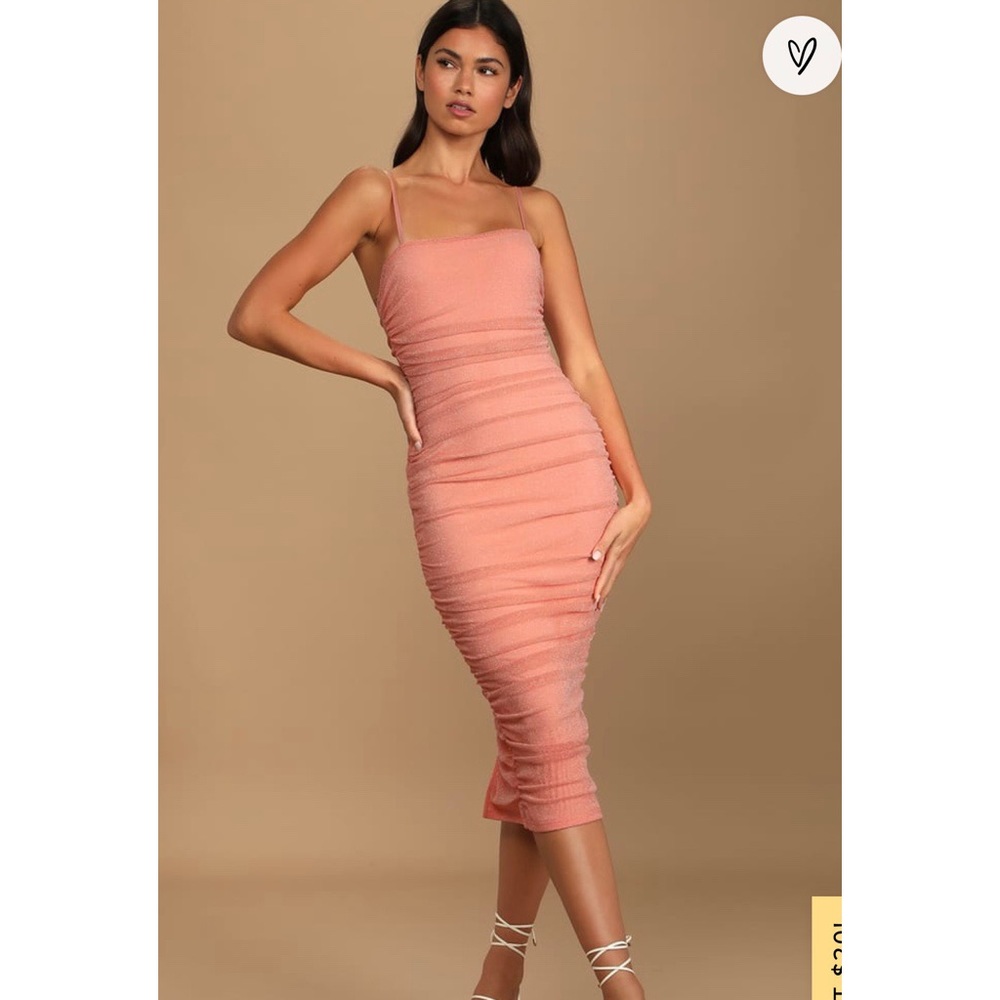 Lulus Coral Metallic Ruched Mesh Bodycon Midi Dress